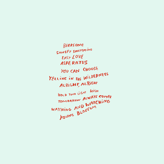 Wavy hand written script of the song titles in the centre of the page.
